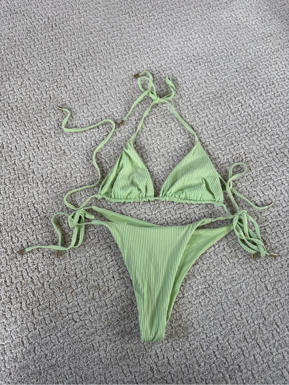 Monday Swimwear Ribbed String Bikini Set in Light Green